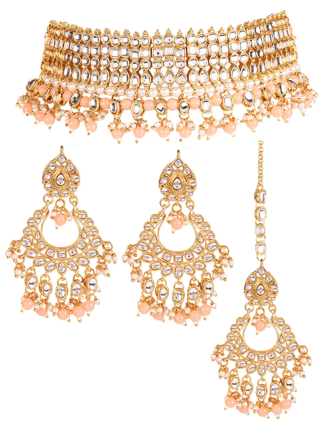 Peach & White Gold-Plated Kundan Studded & Beaded Handcrafted Jewellery Set