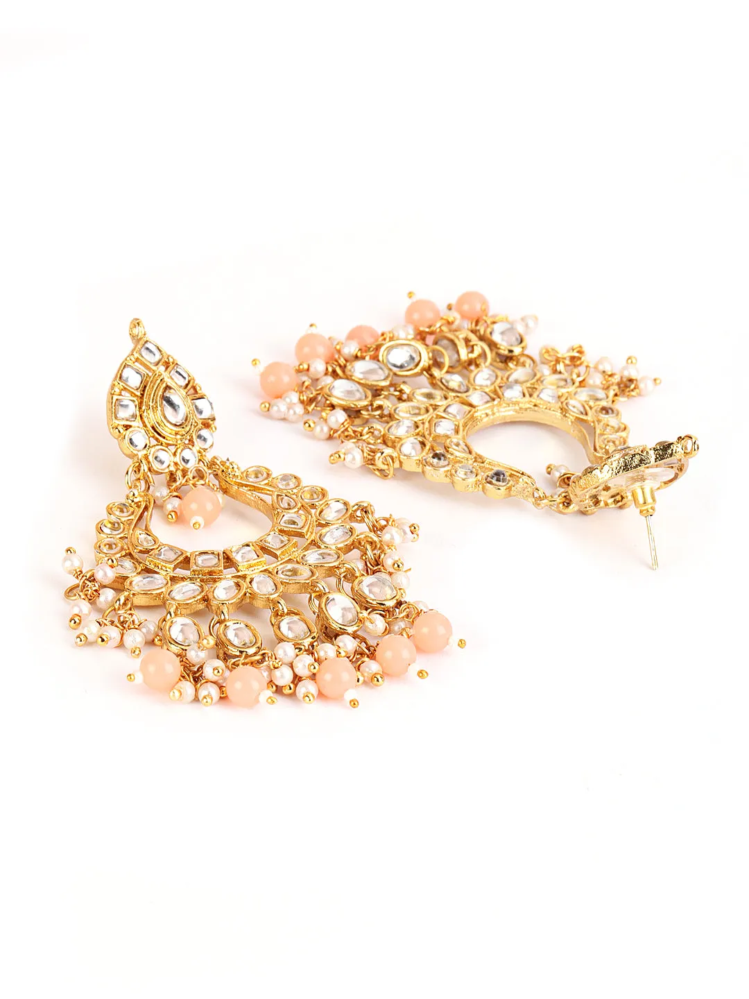 Peach & White Gold-Plated Kundan Studded & Beaded Handcrafted Jewellery Set