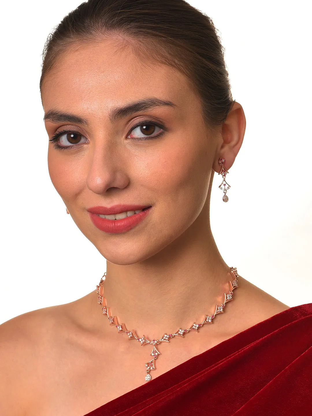 Rose Gold-Plated Ruby Ad-Studded Handcrafted Jewellery Set