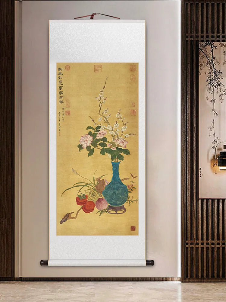 Traditional Chinese Classical Flower and Vase Silk Scroll Hanging Painting Chinese Style Wall Decoration Art