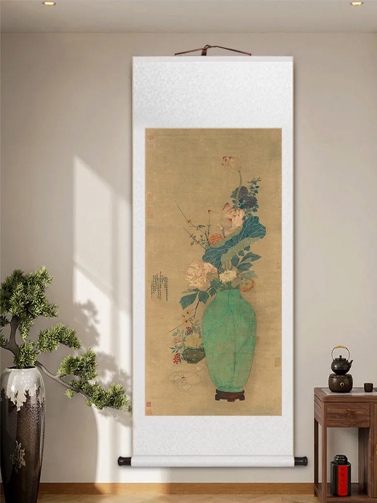 Traditional Chinese Classical Flower and Vase Silk Scroll Hanging Painting Chinese Style Wall Decoration Art