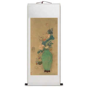 Traditional Chinese Classical Flower and Vase Silk Scroll Hanging Painting Chinese Style Wall Decoration Art