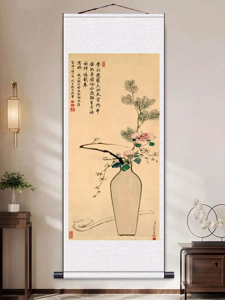 Traditional Chinese Classical Flower and Vase Silk Scroll Hanging Painting Chinese Style Wall Decoration Art