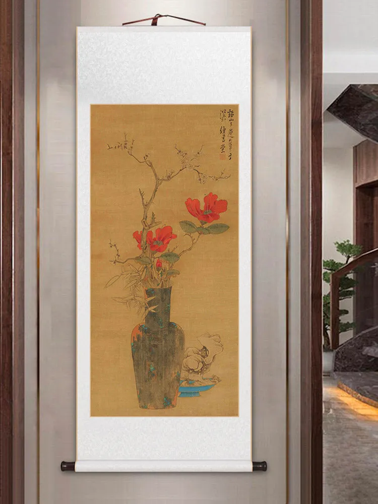 Traditional Chinese Classical Flower and Vase Silk Scroll Hanging Painting Chinese Style Wall Decoration Art